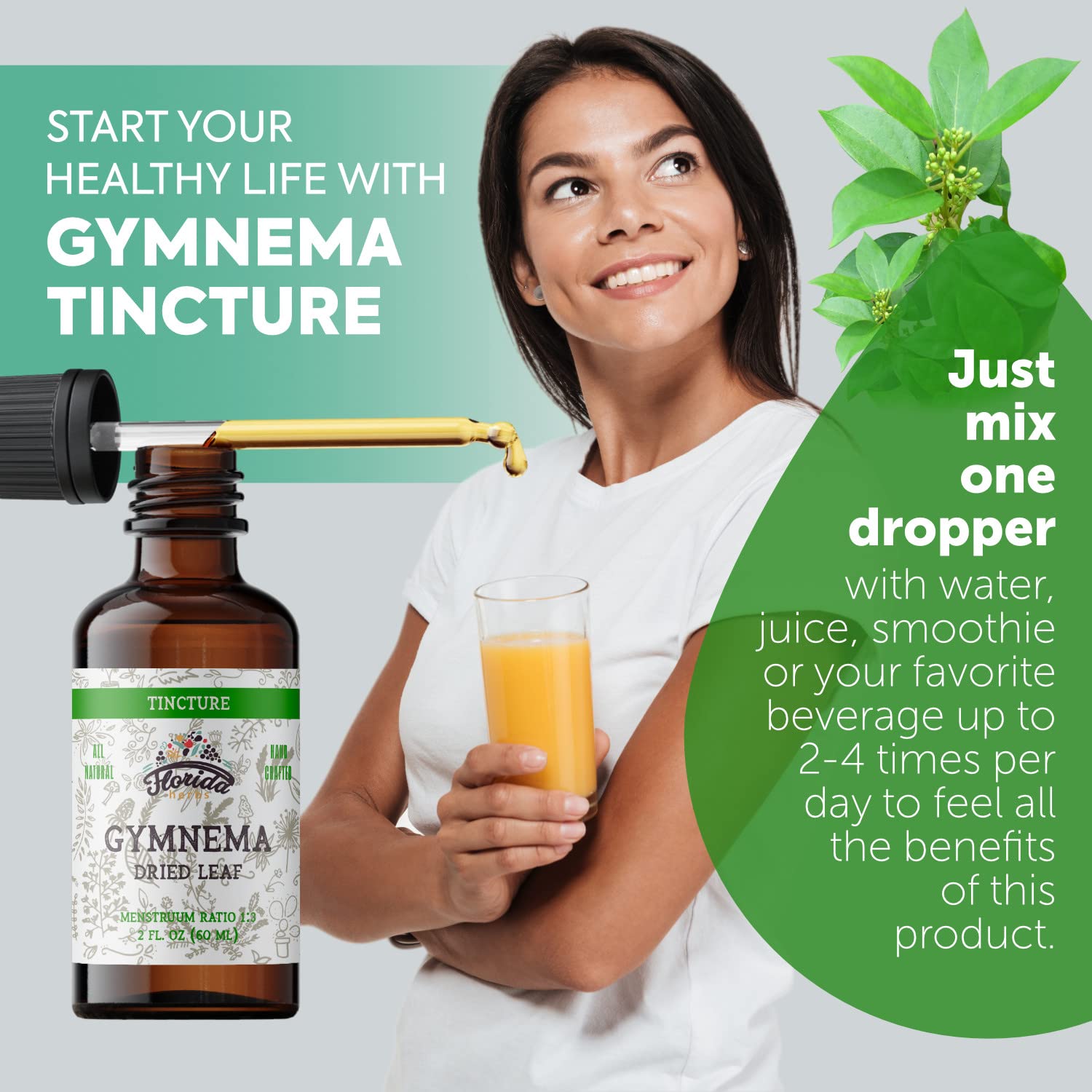 Authentic USA imported Florida Herbs alcohol free Gymnema herbal drops bottle dropper view