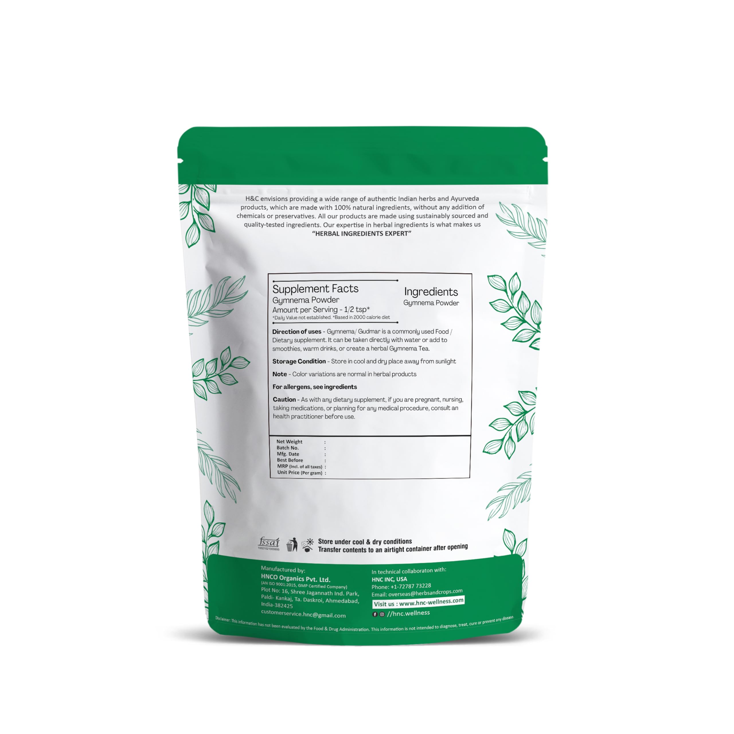 H&C Herbal Ingredients Expert Gymnema Sylvestre powder showing clean texture