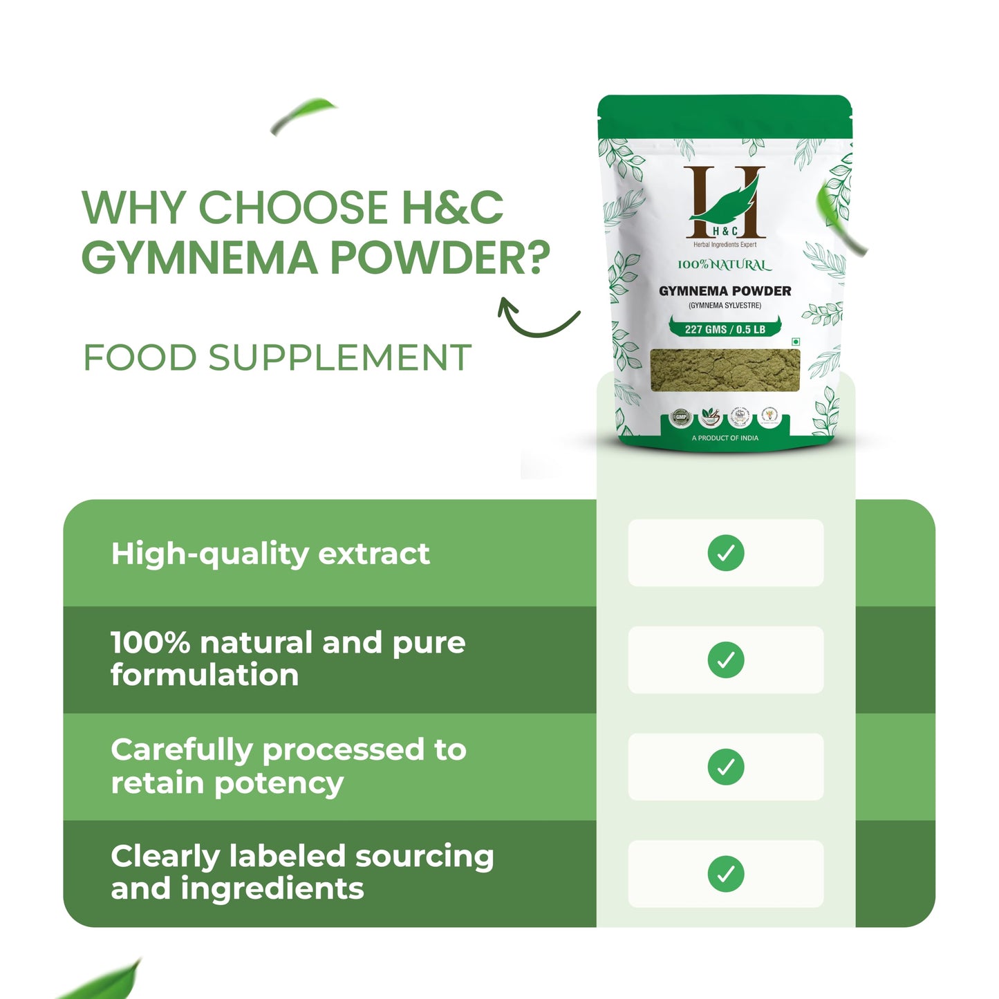Pure natural Gymnema powder by H&C for vegan metabolic wellness