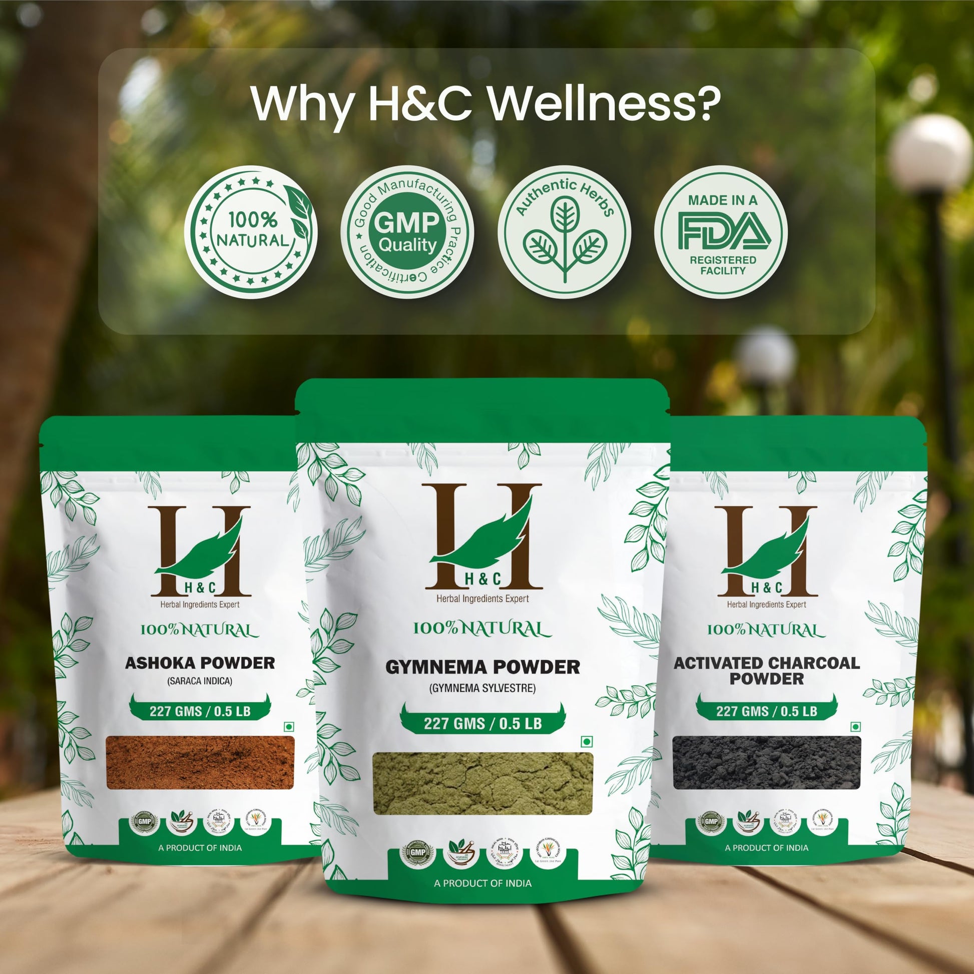 H&C Ayurvedic Gurmar powder pouch displaying natural certifications