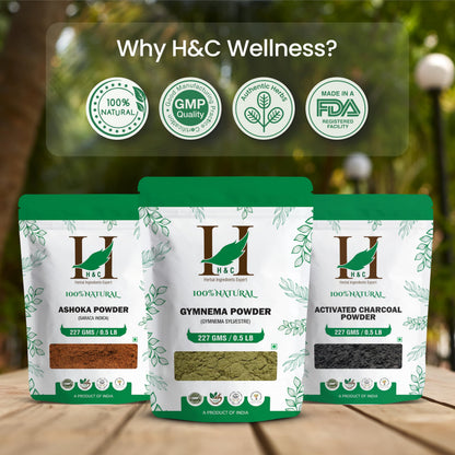 H&C Ayurvedic Gurmar powder pouch displaying natural certifications