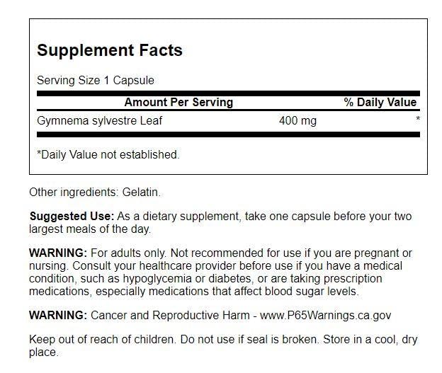 Swanson Gymnema Sylvestre 400 mg Ayurvedic herbal supplement for blood sugar support nutrition label