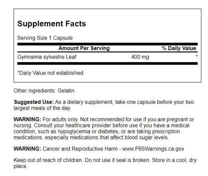 Swanson Gymnema Sylvestre 400 mg Ayurvedic herbal supplement for blood sugar support nutrition label