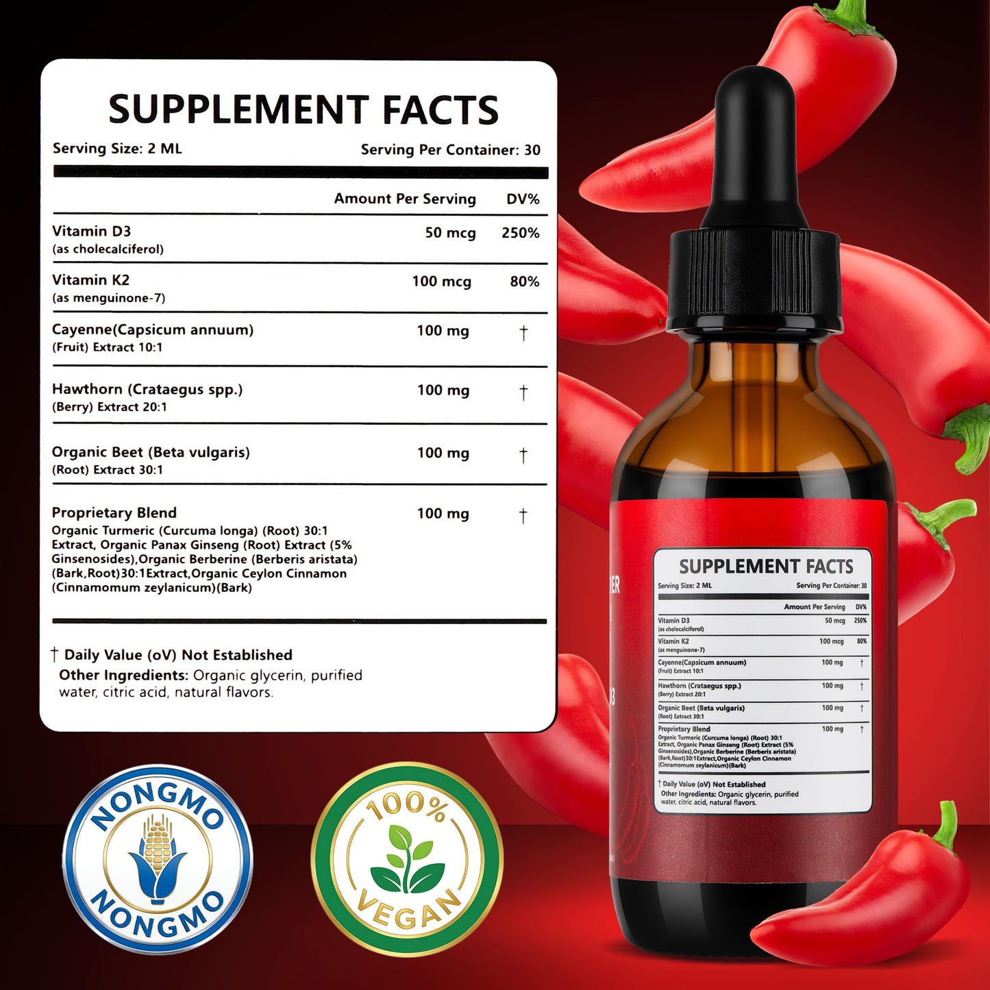 Close up of the liquid dropper formula featuring vitamin D3 and K2.