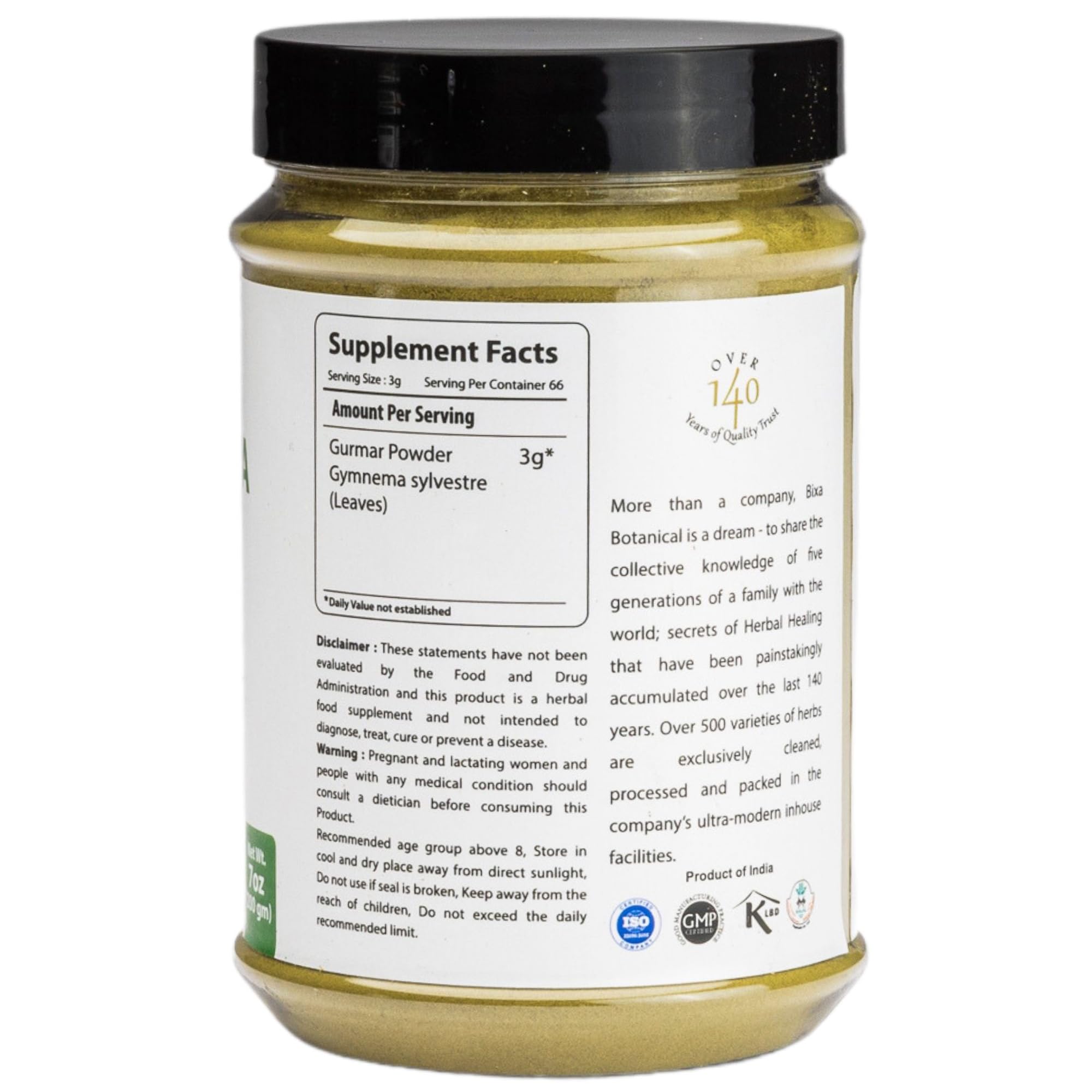Bixa Botanical Gudmar herbal supplement powder nutritional facts and ingredient label