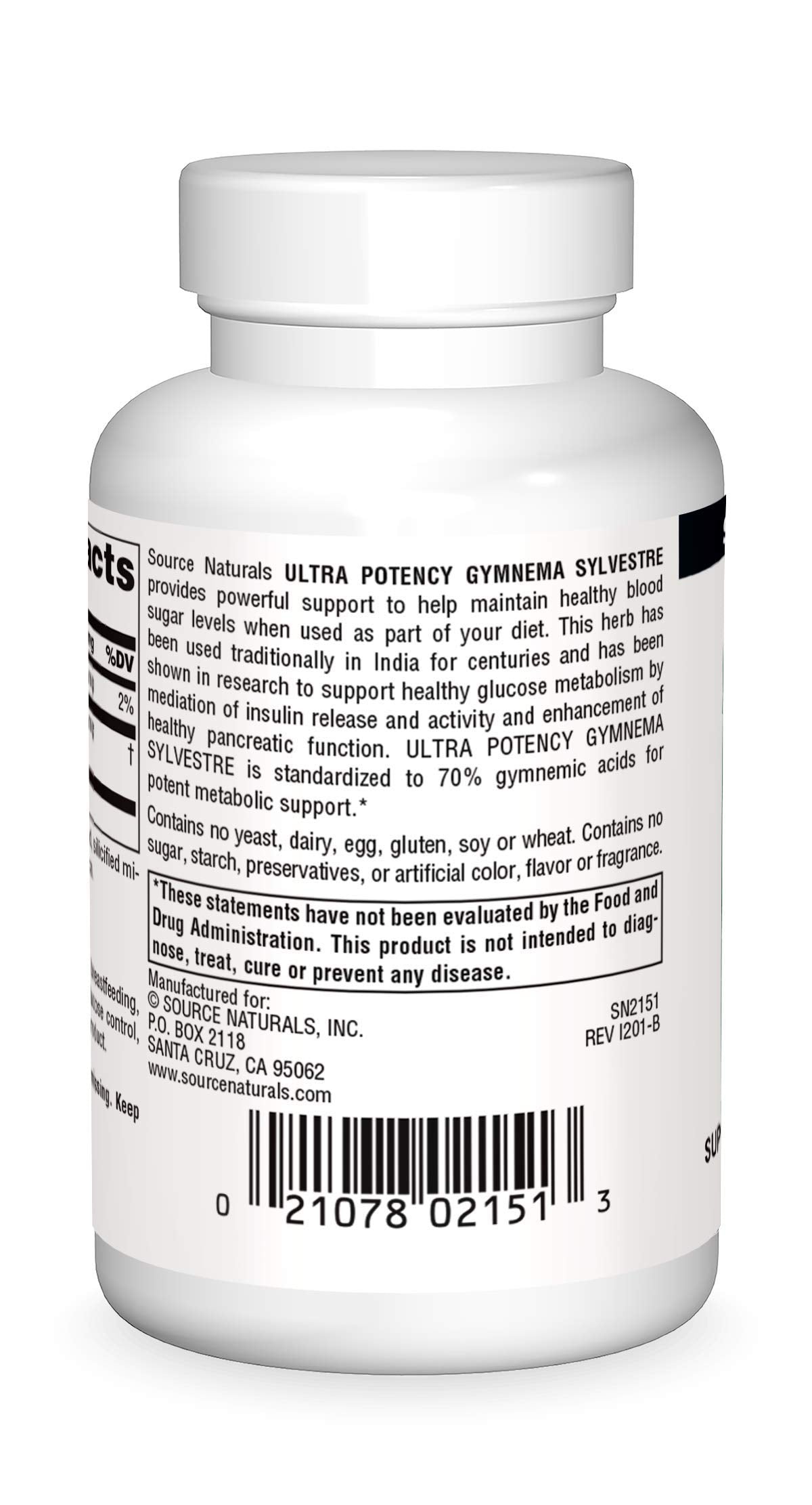 Source Naturals Gymnema Sylvestre 550mg supplement facts label with standardized gymnemic acids percentage