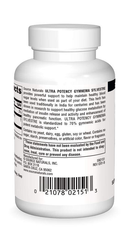 Source Naturals Gymnema Sylvestre 550mg supplement facts label with standardized gymnemic acids percentage