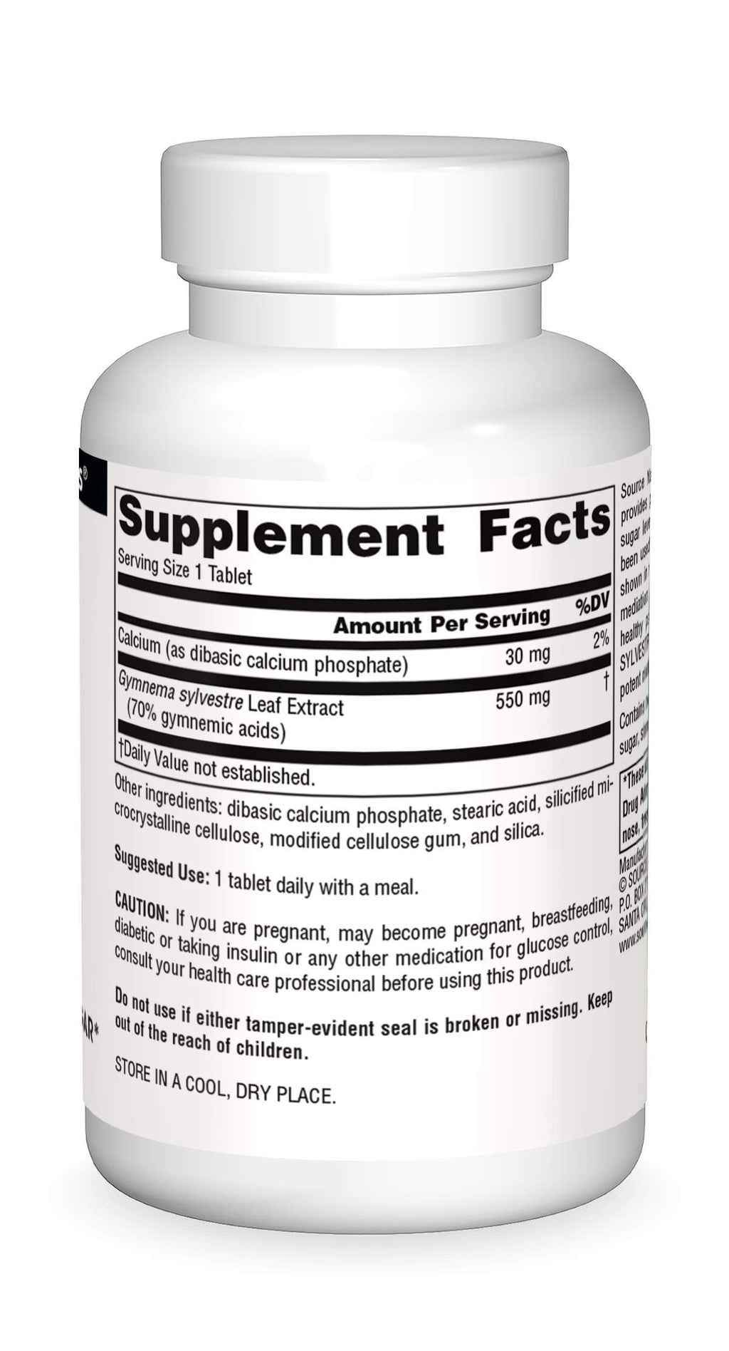 Side view of Source Naturals Ultra Potency Gymnema Sylvestre bottle showing non GMO and hypoallergenic product features