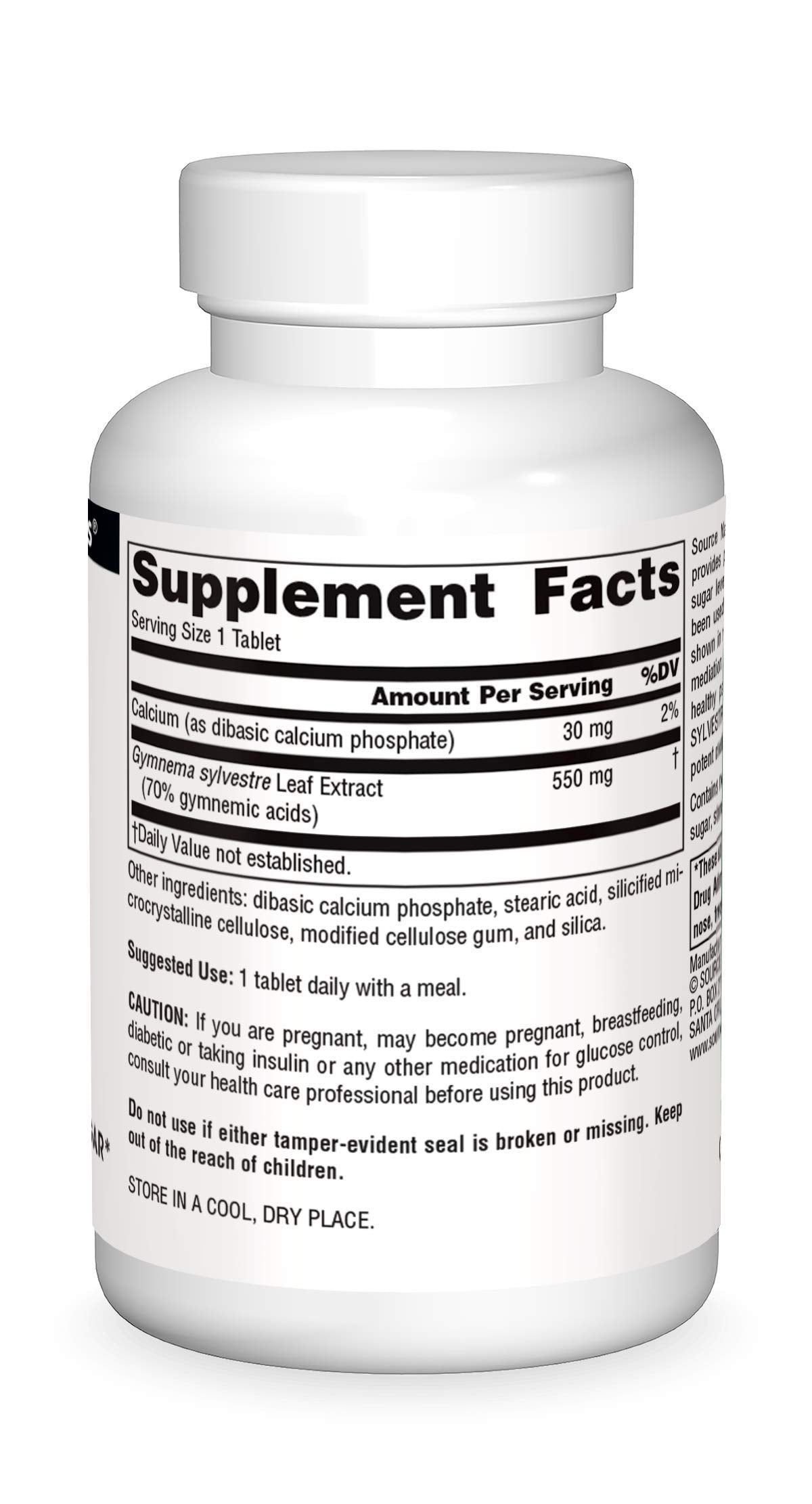 Side view of Source Naturals Ultra Potency Gymnema Sylvestre bottle showing non GMO and hypoallergenic product features