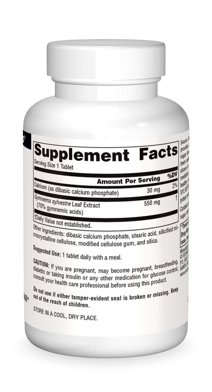 Side view of Source Naturals Ultra Potency Gymnema Sylvestre bottle showing non GMO and hypoallergenic product features