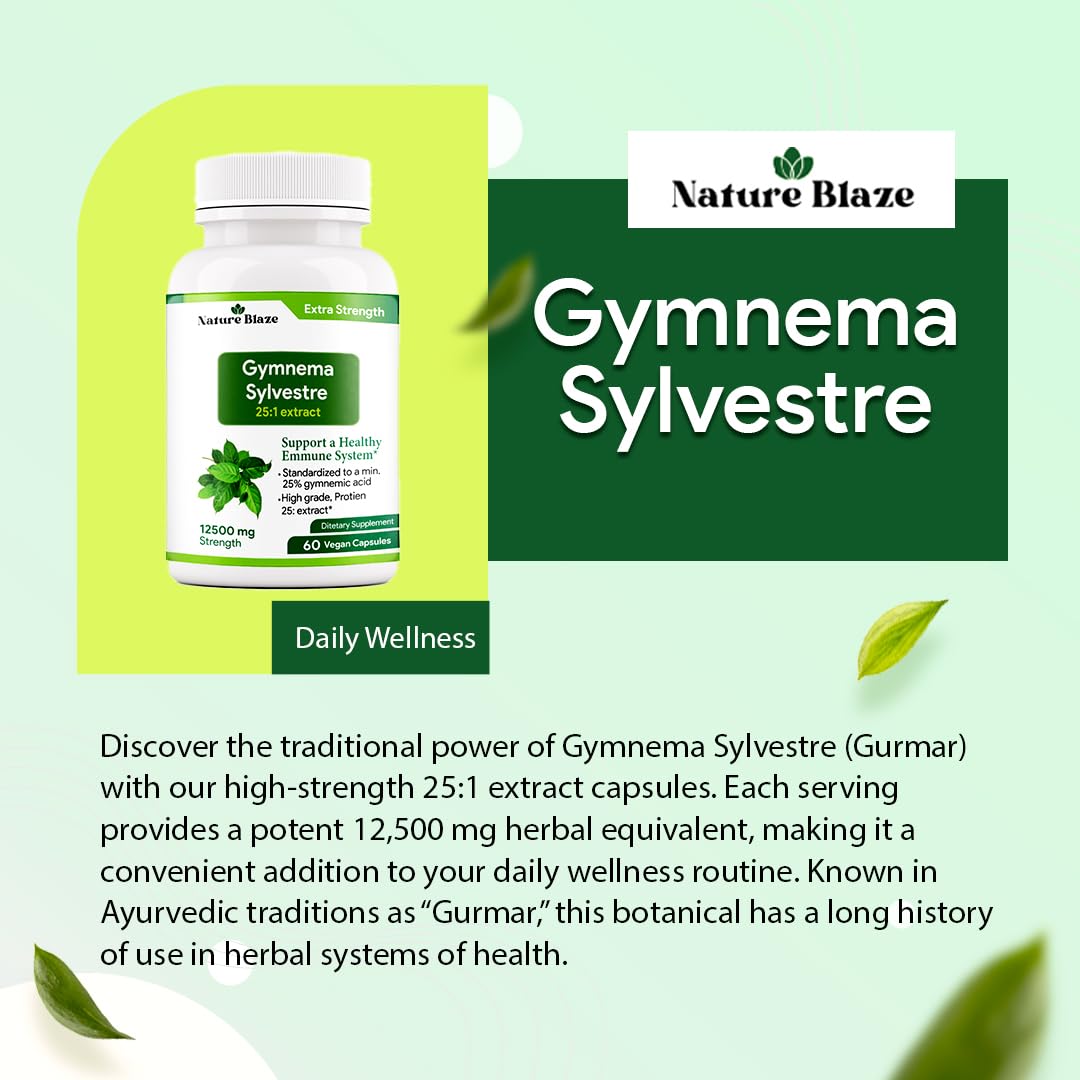 Nature Blaze extra strength Gymnema extract packaging details displaying 25 to 1 ratio information.