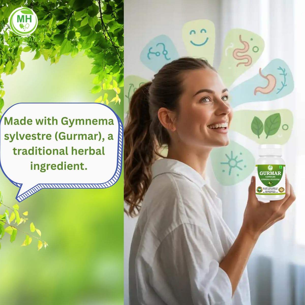 Back label of Morsan Healthcare Gurmar capsules featuring full allergen safety and manufacturing quality information