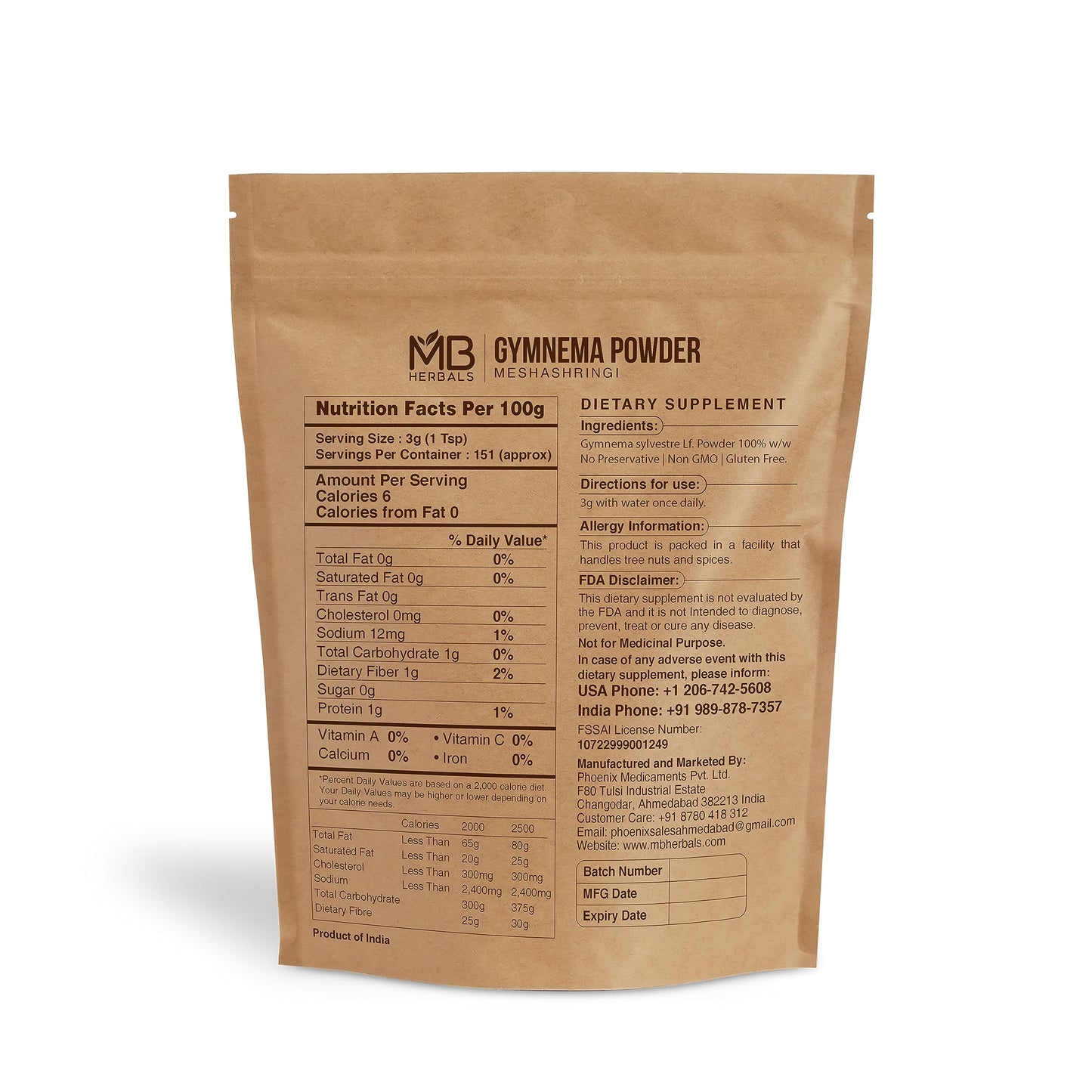 MB Herbals Meshashringi leaf powder supplement facts and ingredient label