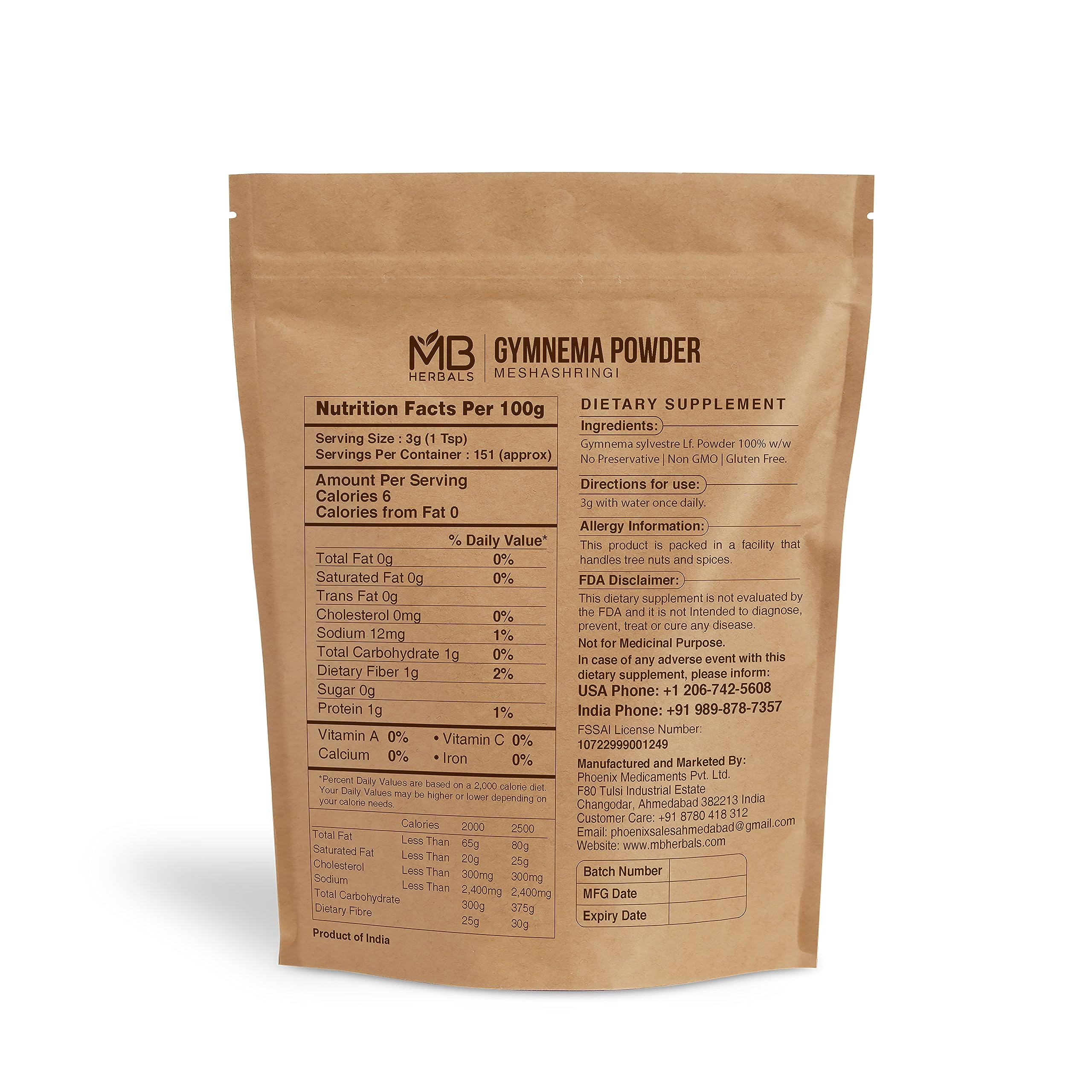 MB Herbals Meshashringi leaf powder supplement facts and ingredient label