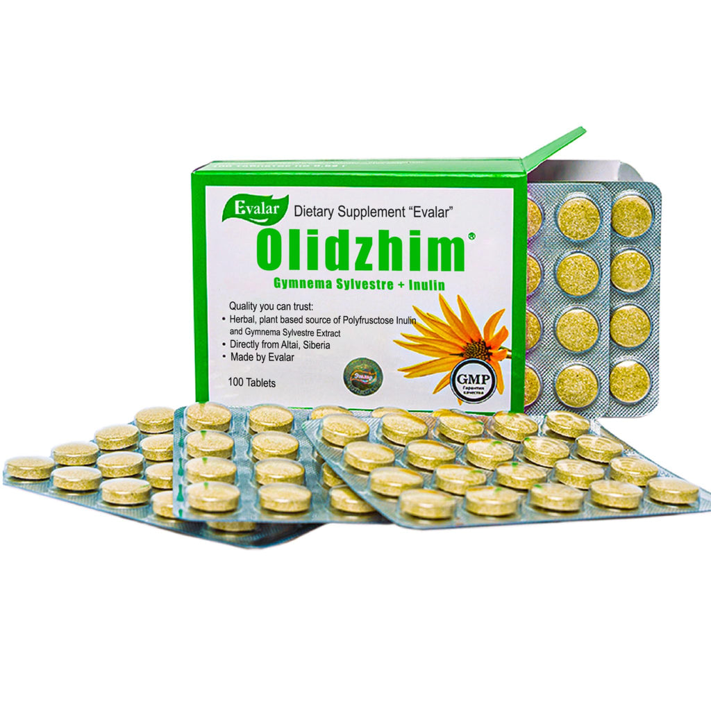 Side view of Evalar Gymnema Sylvestre with Inulin package displaying dietary information and non-GMO labels.