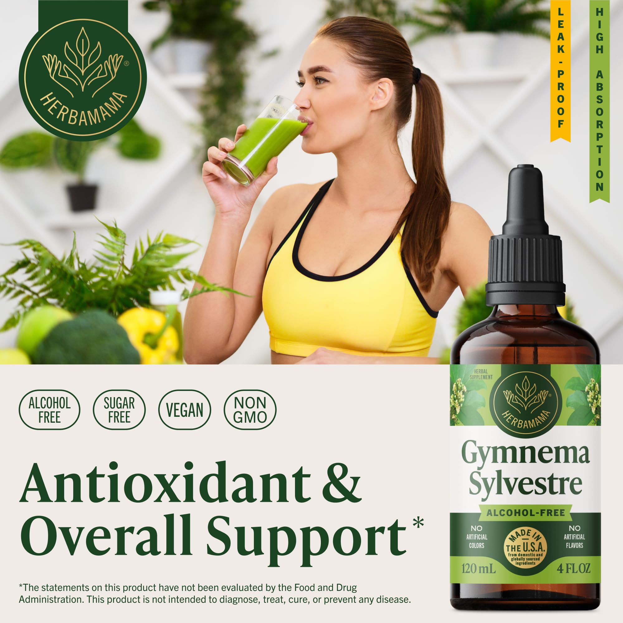 Herbamama Gymnema Sylvestre liquid extract supplement facts and ingredient label.