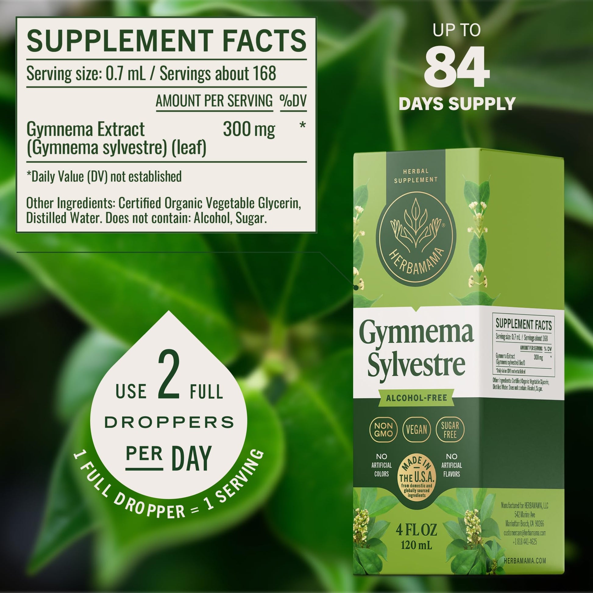 Herbamama alcohol free Gurmar tincture dropper details for craving control.