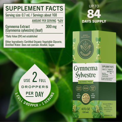 Herbamama alcohol free Gurmar tincture dropper details for craving control.