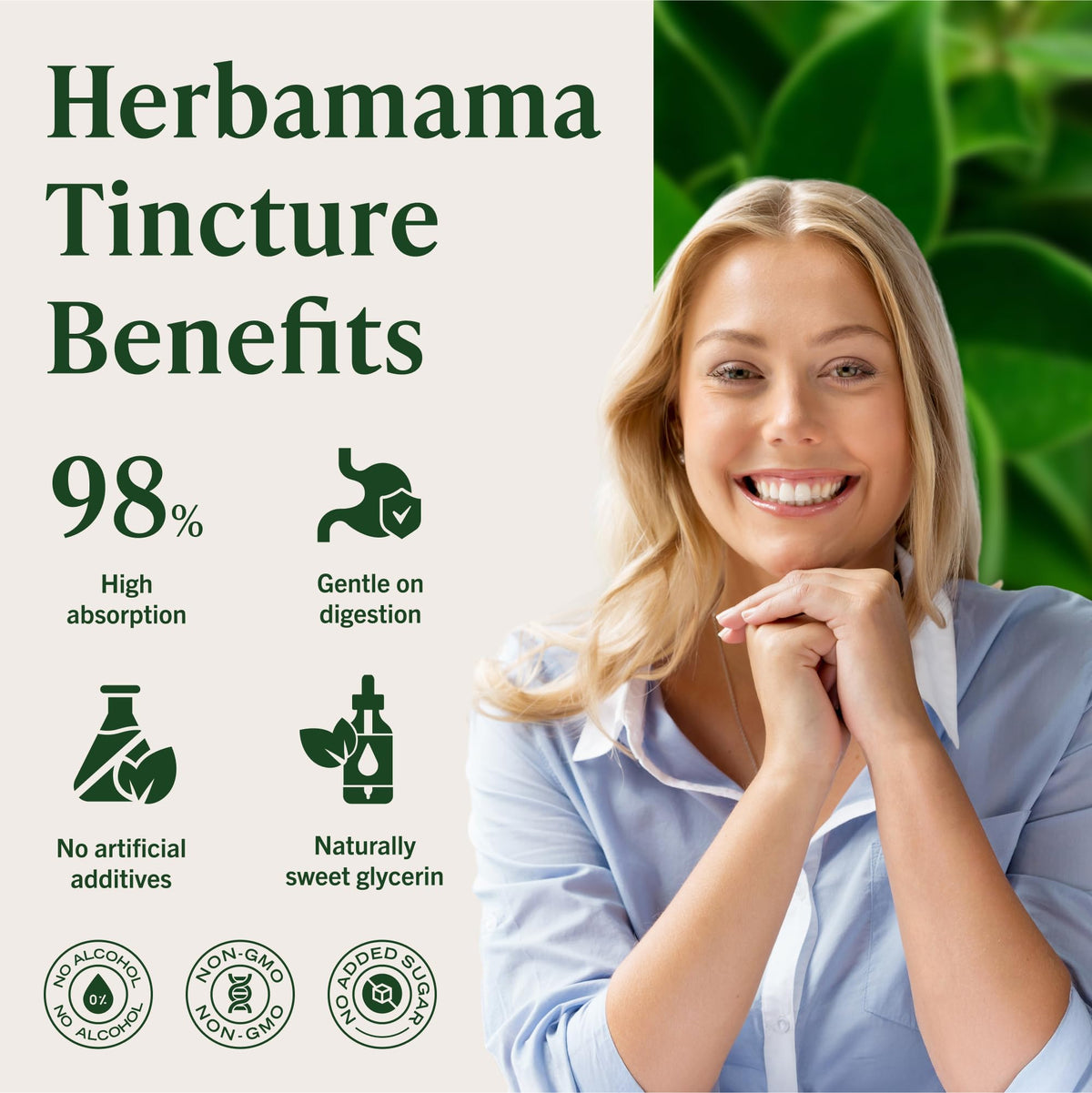 Herbamama non GMO sugar free liquid herbal extract packaging side view.