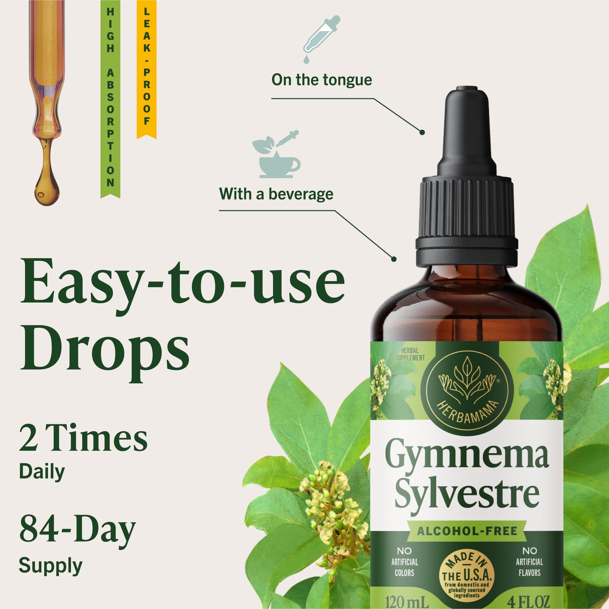 Herbamama Gymnema leaf tincture bottle showing rapid absorption liquid formula.