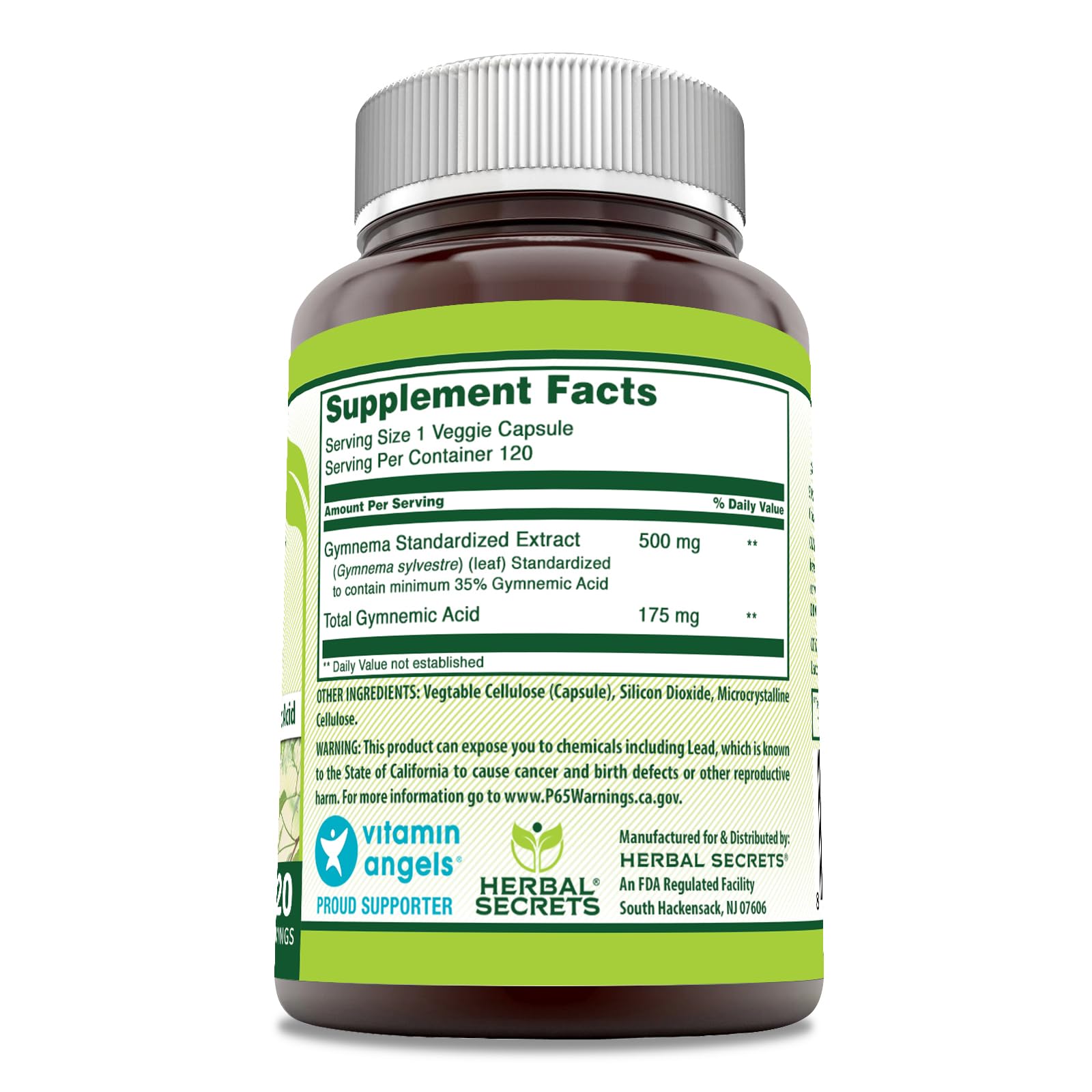 Herbal Secrets Gymnema 500 milligrams dietary supplement supplement facts panel detailing standardized active ingredients.