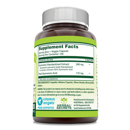 Herbal Secrets Gymnema 500 milligrams dietary supplement supplement facts panel detailing standardized active ingredients.