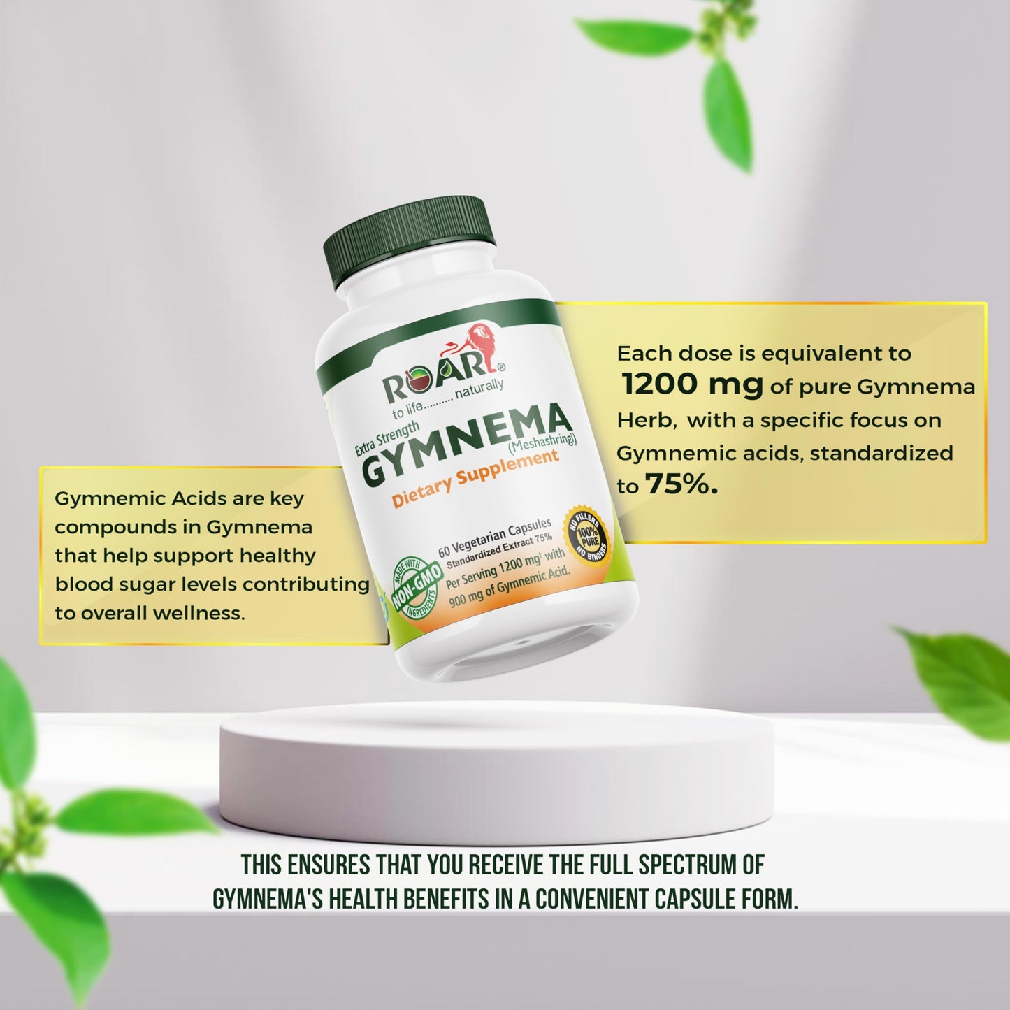 Roar To Life Gymnema Sylvestre 60 vegetarian capsules supplement label showing ingredients