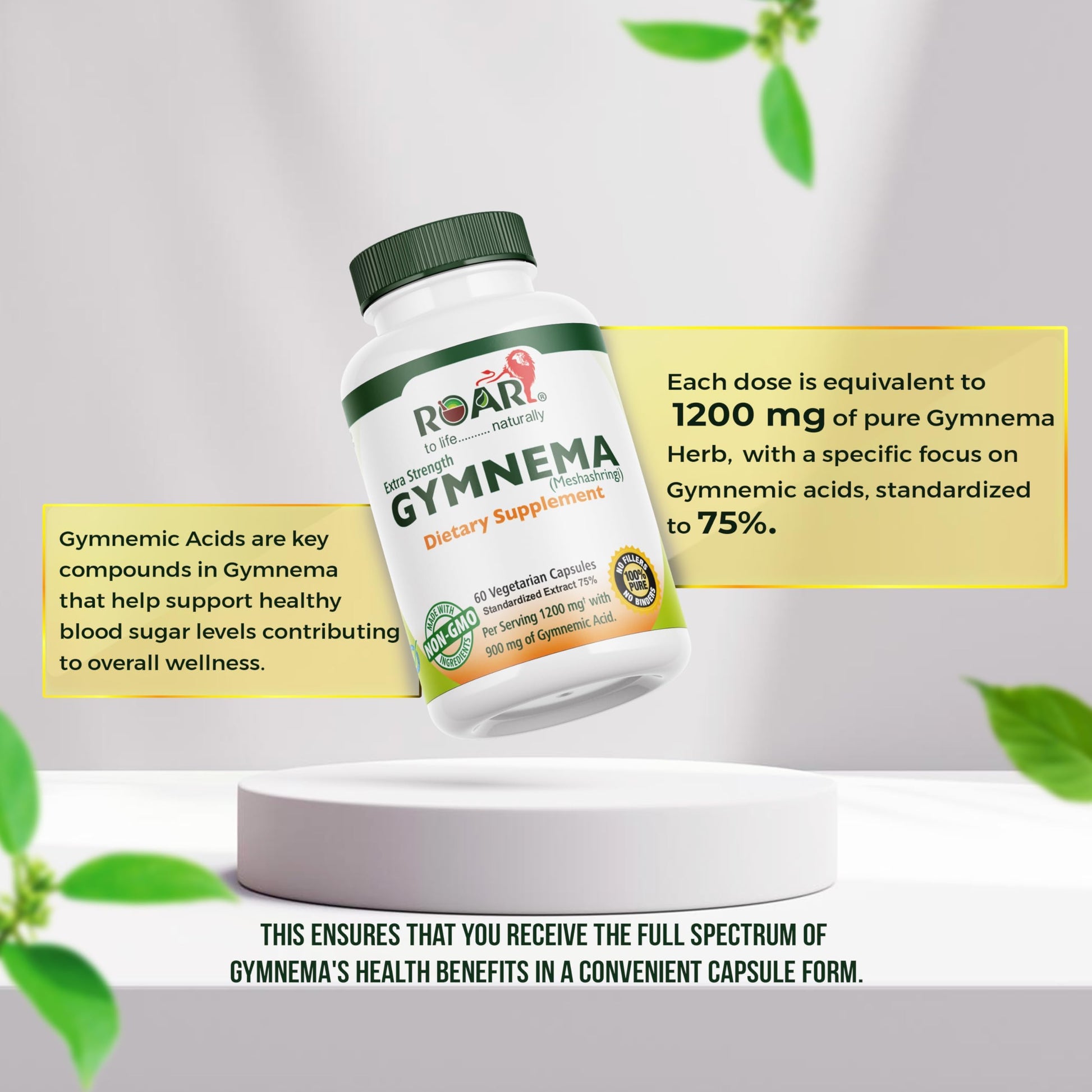 Roar To Life Gymnema Sylvestre 60 vegetarian capsules supplement label showing ingredients