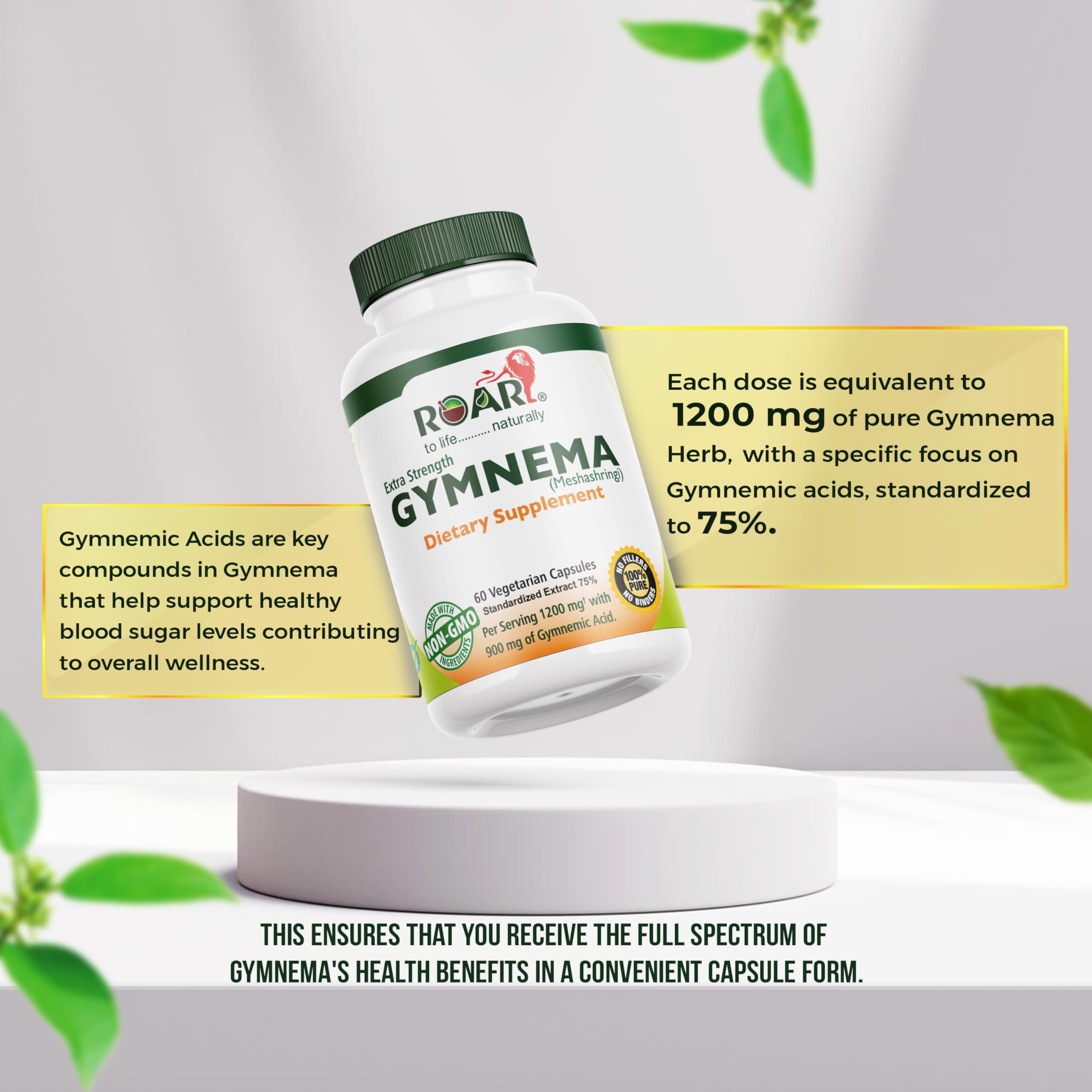 Roar To Life Gymnema Sylvestre 60 vegetarian capsules supplement label showing ingredients