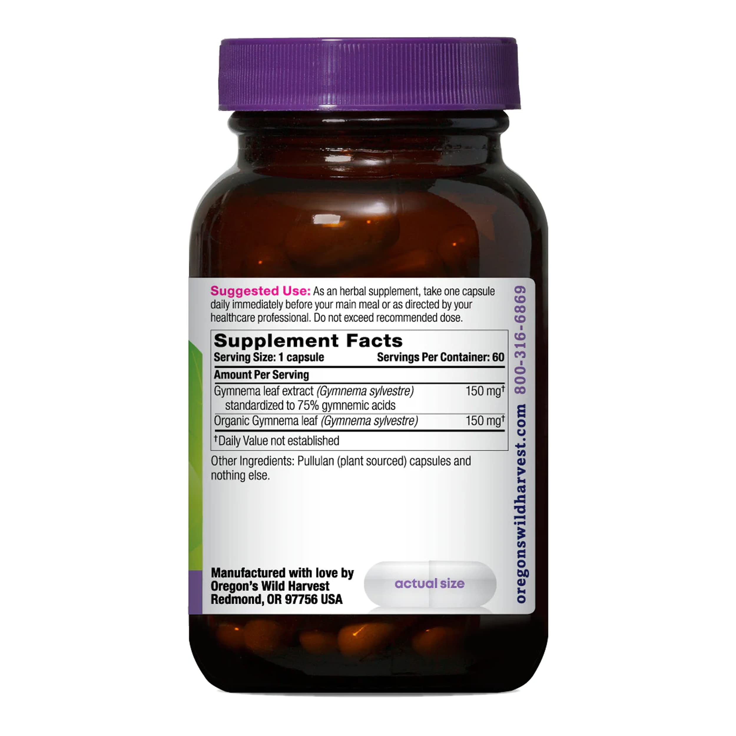 Oregon's Wild Harvest Gymnema sixty vegan capsules supplement facts label information.