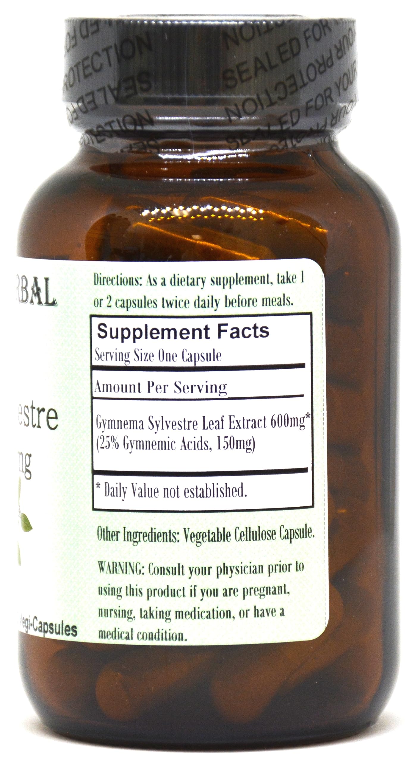 Close up of Barlowes Herbal Elixirs 600 Milligrams Gymnema Sylvestre capsules supplement facts and percentage standardization label