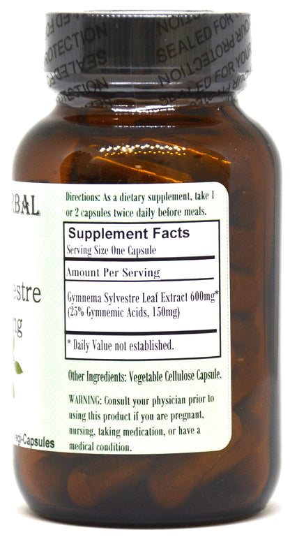 Close up of Barlowes Herbal Elixirs 600 Milligrams Gymnema Sylvestre capsules supplement facts and percentage standardization label