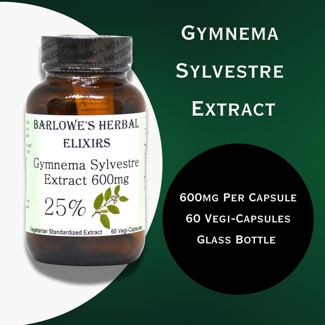 Barlowes Herbal Elixirs Gymnema Sylvestre 60 veggie capsules in premium amber glass packaging for freshness