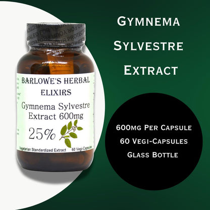 Barlowes Herbal Elixirs Gymnema Sylvestre 60 veggie capsules in premium amber glass packaging for freshness