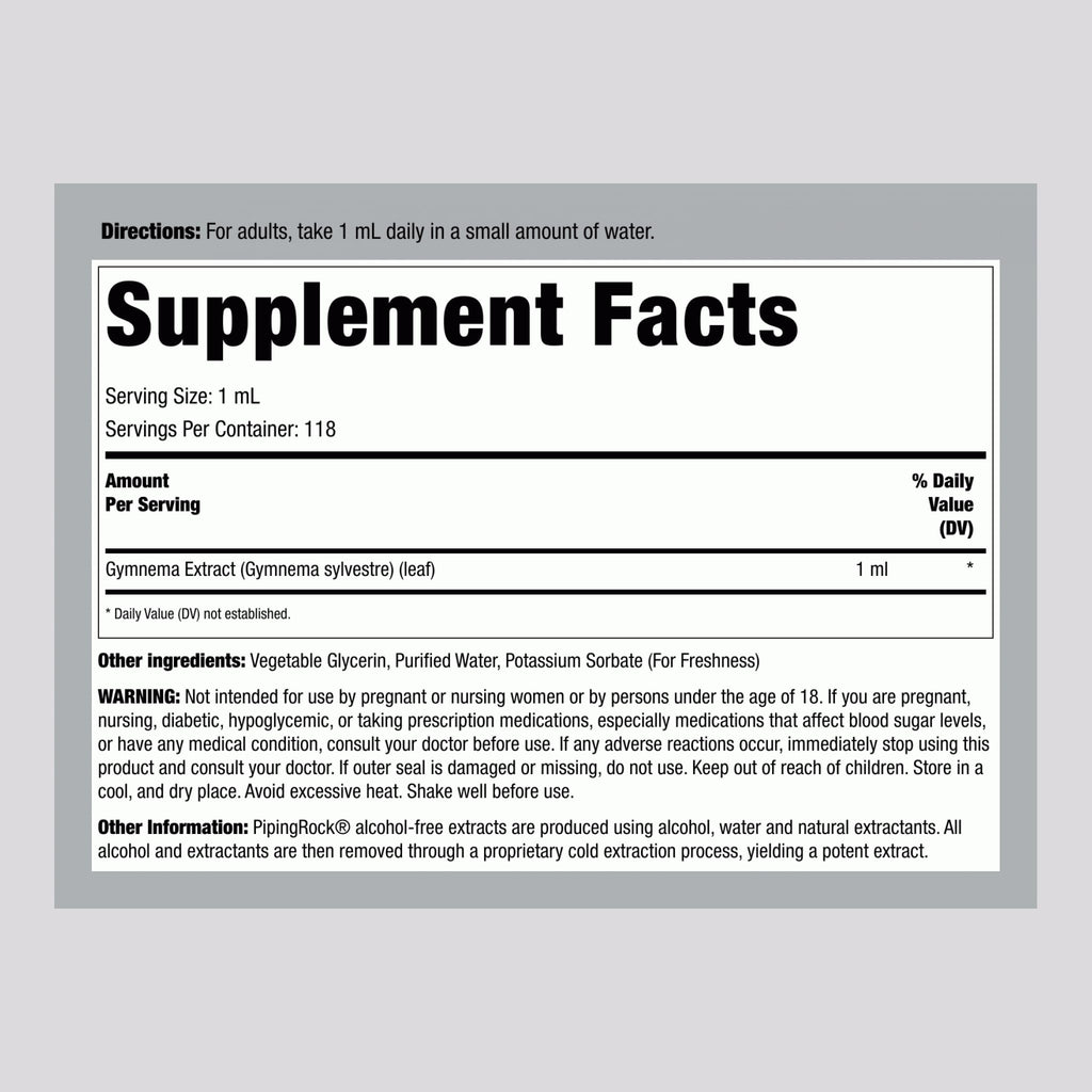 Alcohol-free Piping Rock Gymnema Sylvestre tincture supplement label showing vegetarian ingredients.