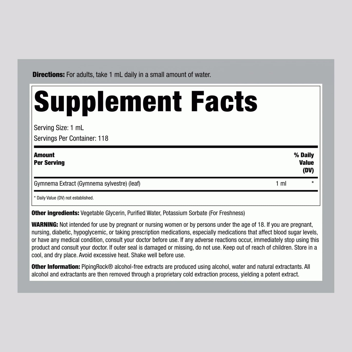 Alcohol-free Piping Rock Gymnema Sylvestre tincture supplement label showing vegetarian ingredients.