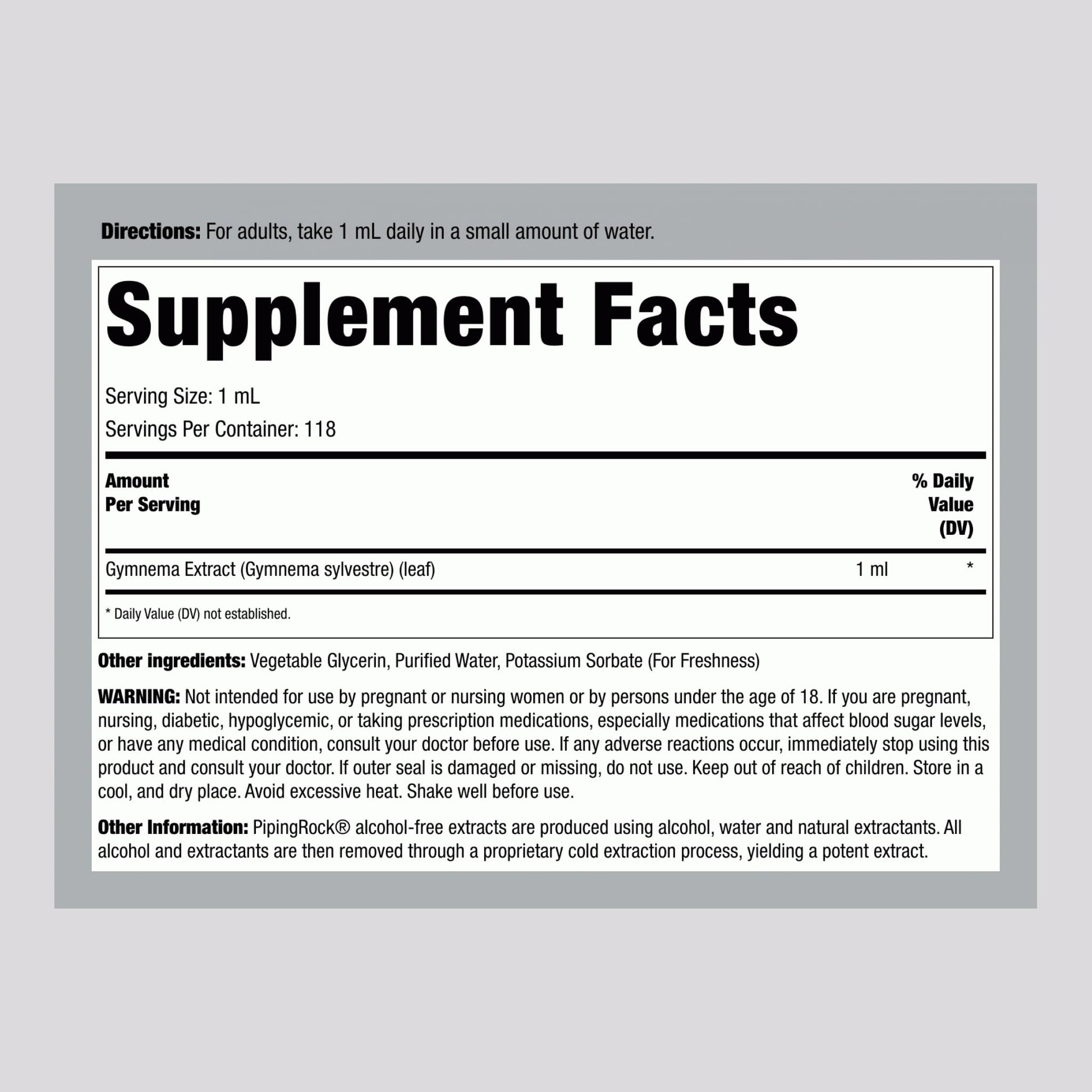 Alcohol-free Piping Rock Gymnema Sylvestre tincture supplement label showing vegetarian ingredients.