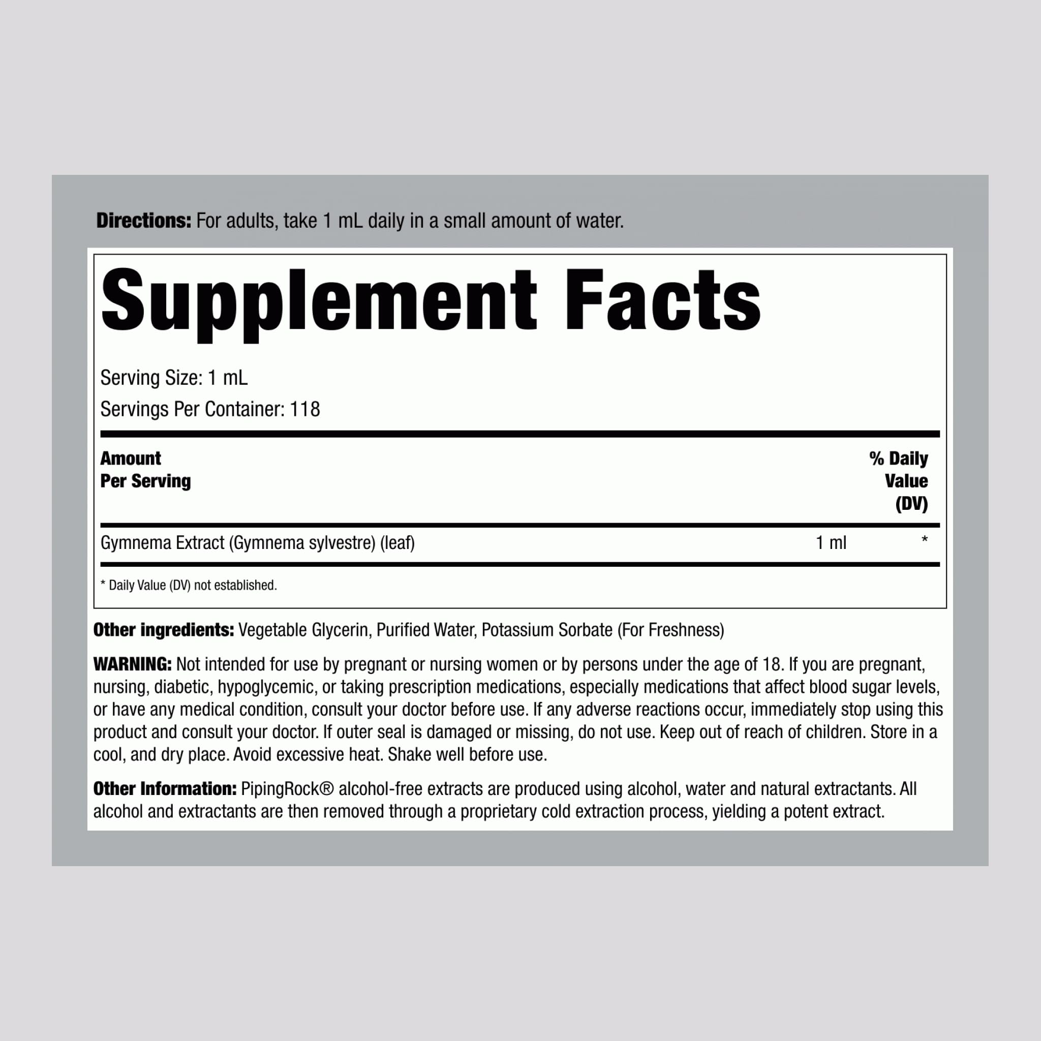 Alcohol-free Piping Rock Gymnema Sylvestre tincture supplement label showing vegetarian ingredients.