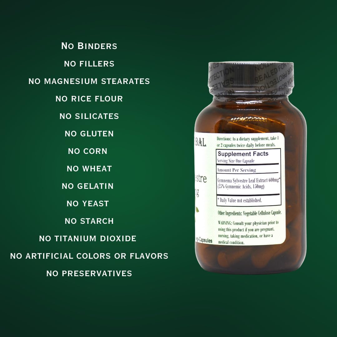 Stearate free Gymnema Sylvestre extract 600 Milligrams capsules by Barlowes Herbal Elixirs showcasing clean ingredients