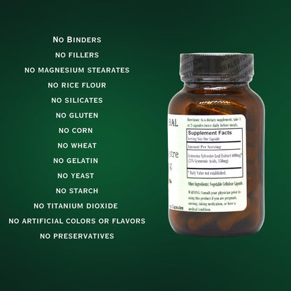 Stearate free Gymnema Sylvestre extract 600 Milligrams capsules by Barlowes Herbal Elixirs showcasing clean ingredients