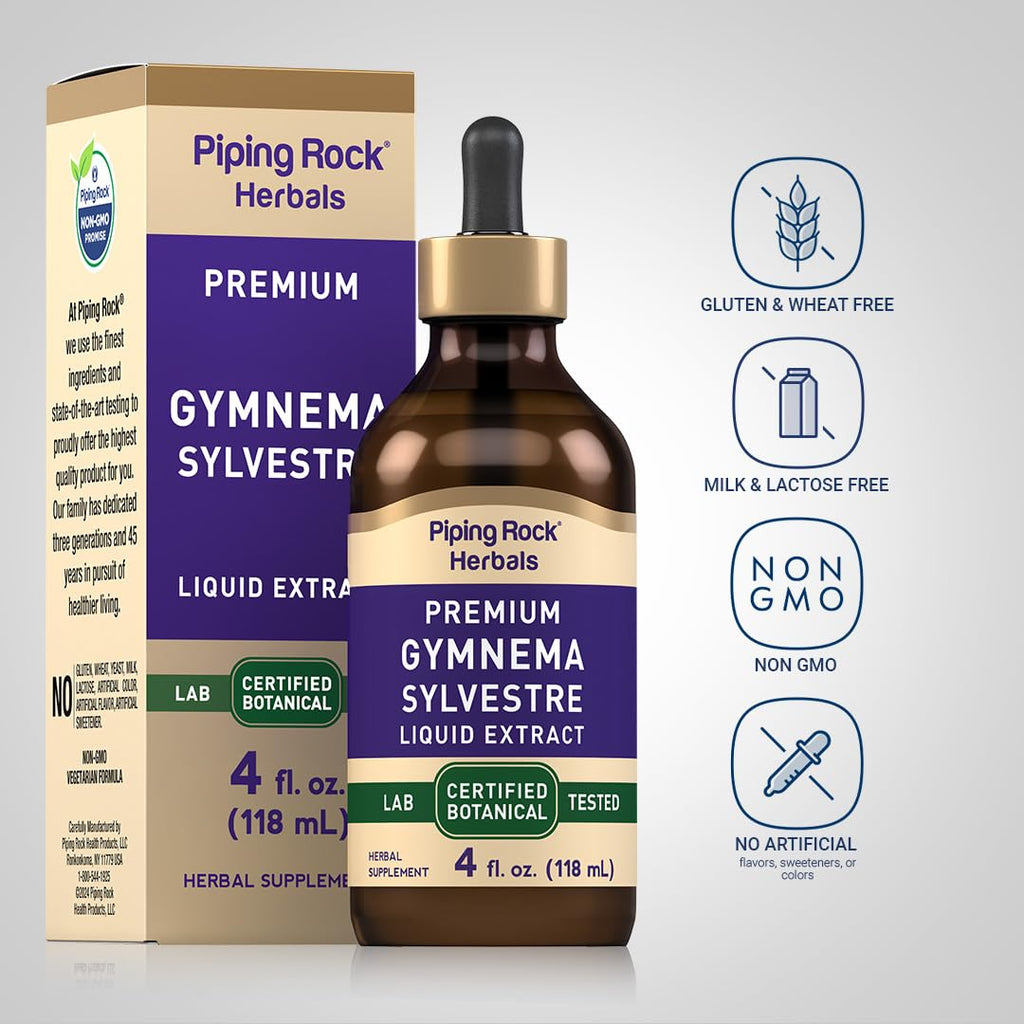 Premium USA imported Piping Rock Gymnema liquid drops showing the built-in dropper top.