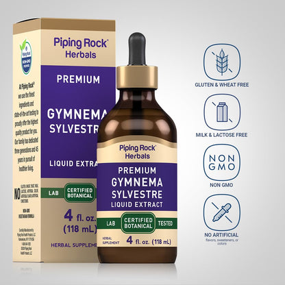 Premium USA imported Piping Rock Gymnema liquid drops showing the built-in dropper top.
