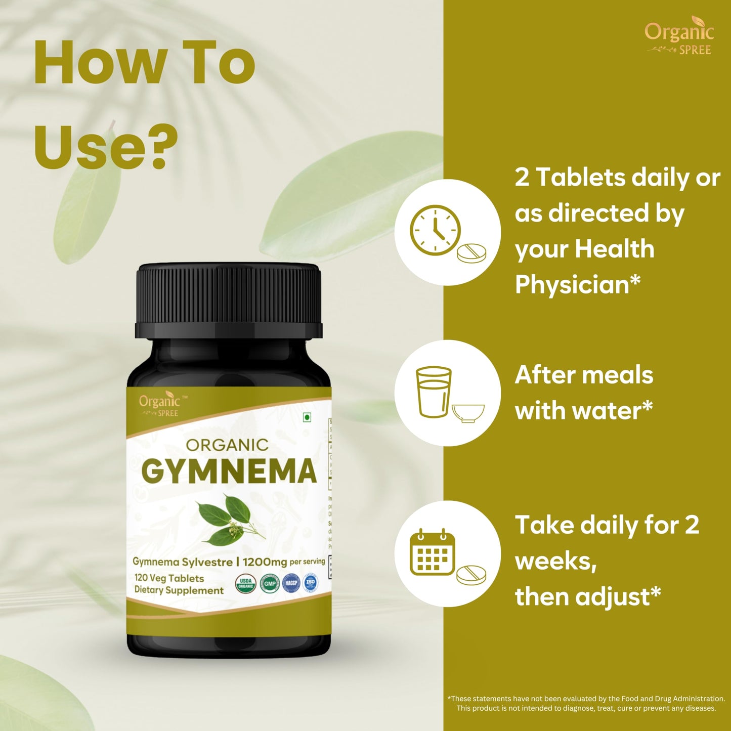 Organic Spree Gymnema 120 vegetarian tablets label details and ingredient list