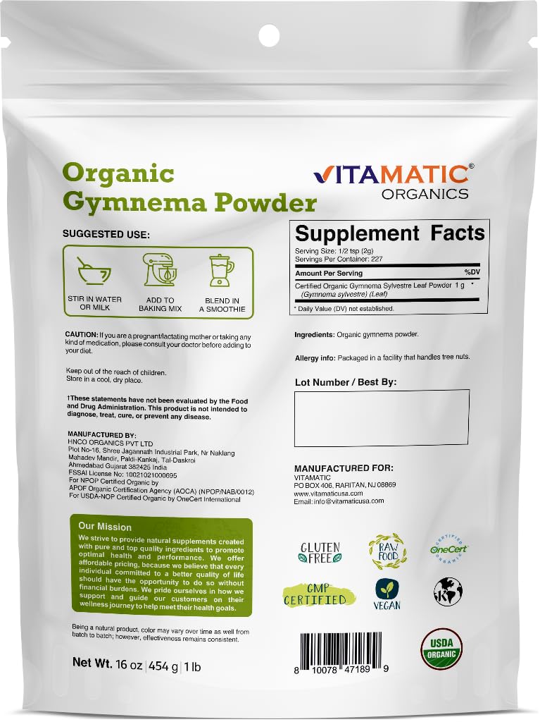 Pure Gurmar powder poured next to the one pound Vitamatic resealable pouch.