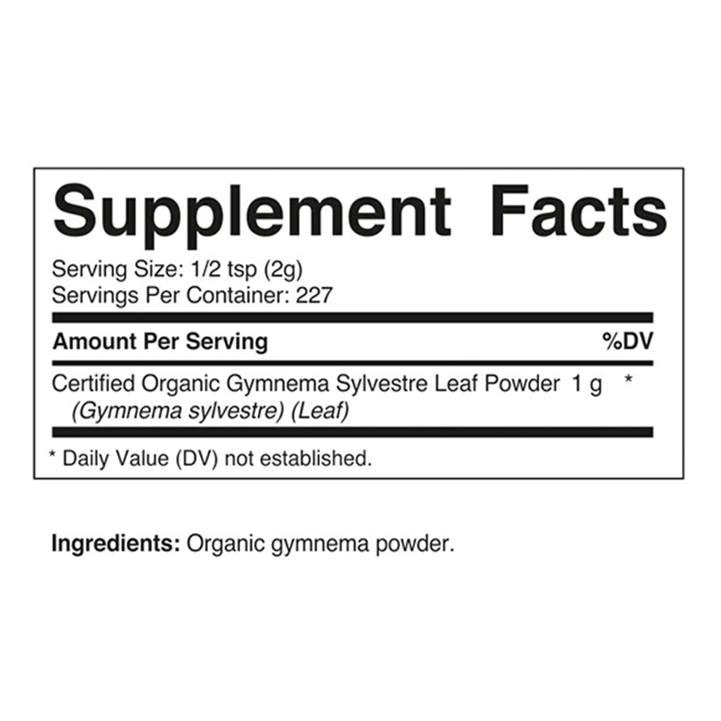Back label view of Vitamatic Gymnema leaf supplement showing certified organic details.