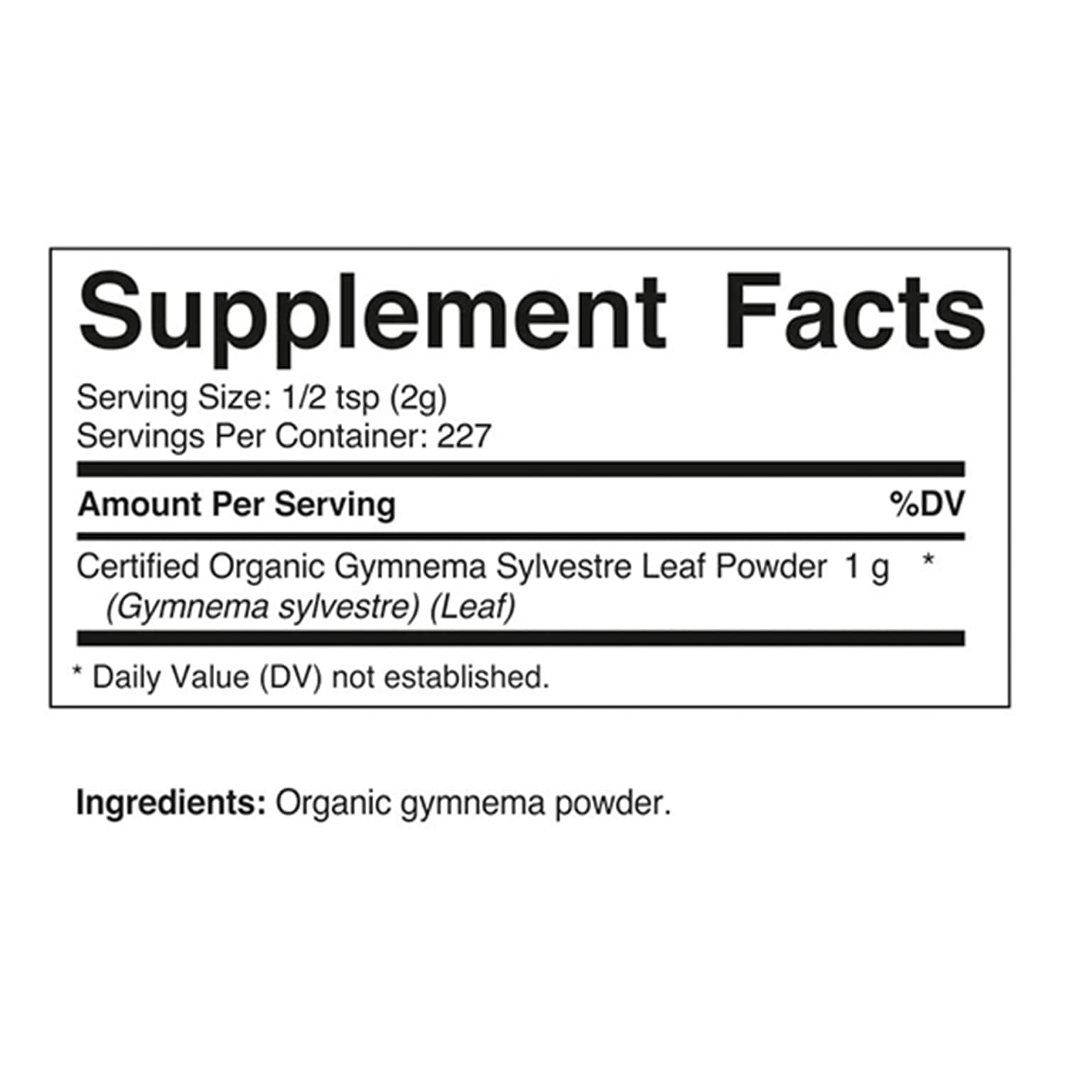 Back label view of Vitamatic Gymnema leaf supplement showing certified organic details.