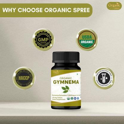 Organic Spree Gurmar herbal supplement tablets showing GMP compliant certification
