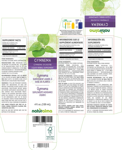 Naturalma Gymnema Sylvestre alcohol free liquid extract supplement facts and ingredient label.