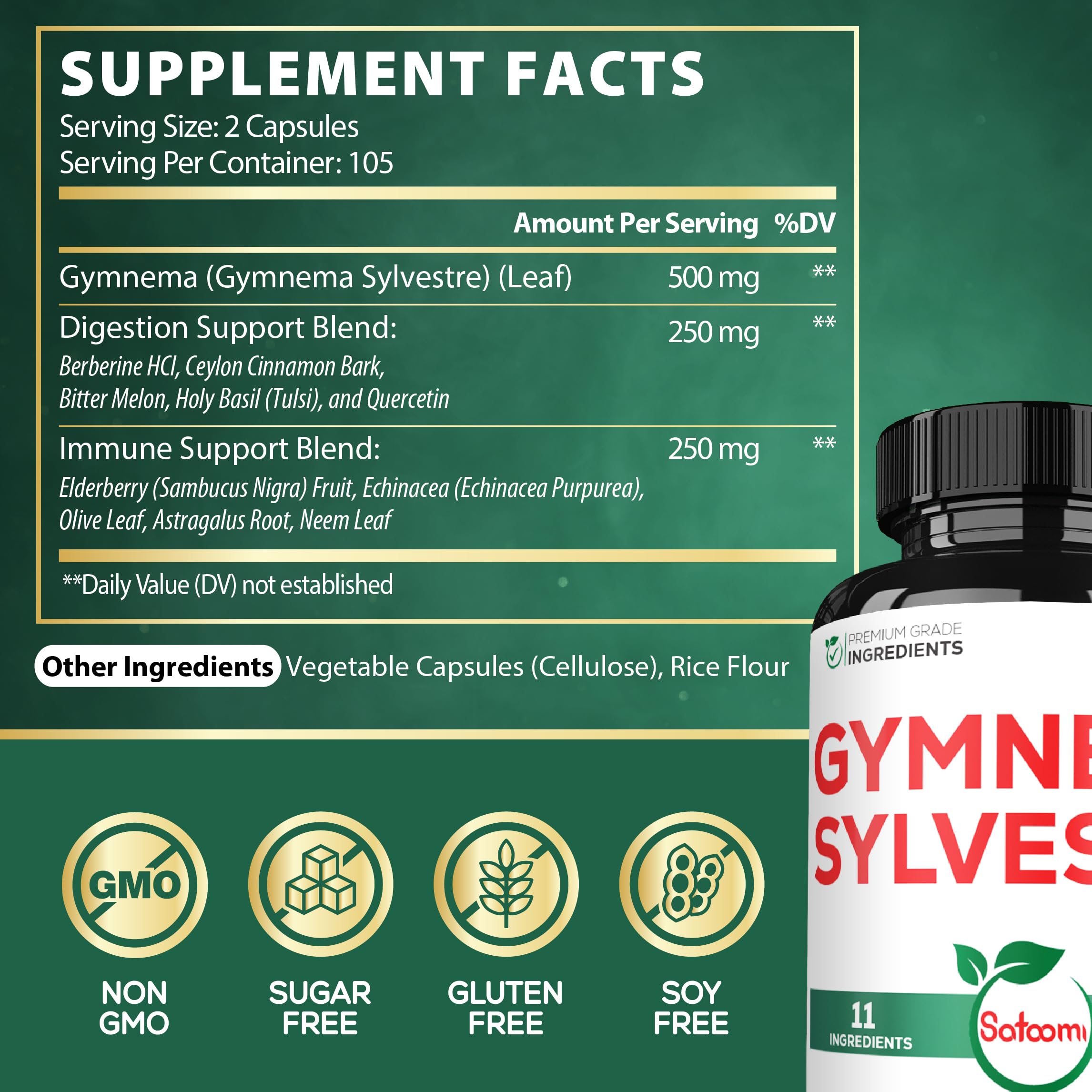 Satoomi 1000mg Gymnema Sylvestre vegetarian capsules product packaging side panel details