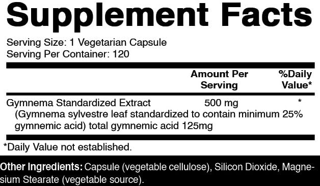 Oxify Super Gymnema 500mg leaf extract bottle showing supplement facts ingredient panel